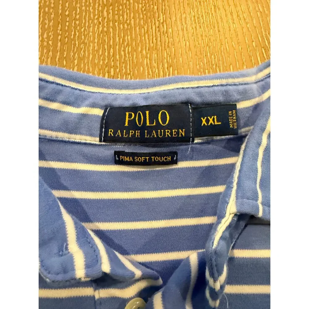 Polo Ralph Lauren Shirt XXL Blue Stripe Pima Soft Touch Short‎ Sleeve Men Pony